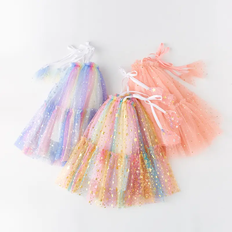 Bambini Rainbow Dress Toddler Tutu Dress Spaghetti Straps multistrato Tulle Kids Dress Designs Casual Summer Frocks for Girls Kids