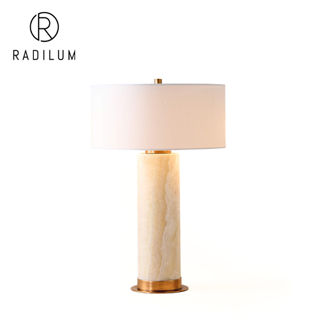Modern Table Lamp Luxury Hotel Bedroom Decor Alabaster Cylinder Natural Onyx Stone Brass Fabric Shade Natalia Onyx Table Lamp