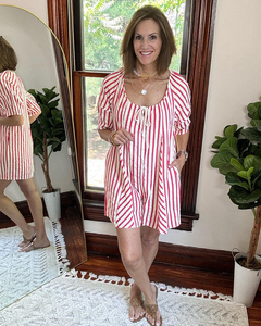 Vestido Mini Holgado a Rayas para Mujer, Cuello en V, Manga Abullonada, con Cordón, Informal, para Verano, Playa, Vacaciones, Fiesta, Estilo Bohemio <span class=keywords><strong>Chic</strong></span> - Product Image 1