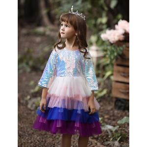 Girls <b>Sequined</b> Princess Dress Color Block Tulle <b>Skirt</b> Performance Gown Layered Dress For Children - Product Image 3