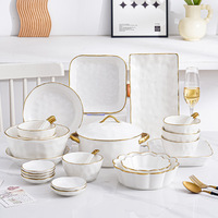 Service de table pour la maison, en céramique classique, bols à bord doré, baguettes, assiettes, vaisselle en porcelaine jetable, service de table de mariage