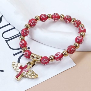 Pulsera de Bautismo Católico Nicro con Cuentas de Plástico de 8 mm con Patrón de Cruz, <span class=keywords><strong>Rosario</strong></span> de Regalo para Oración con Ala de Ángel, Decoración para Fiesta Religiosa - Product Image 4