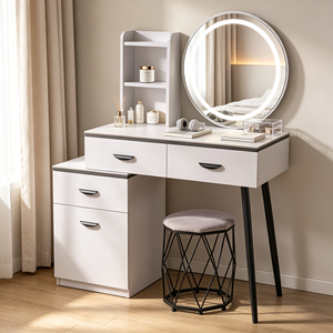 Modern <b>Makeup</b> <b>Vanity</b> With Lighted <b>Mirror</b> Storage Drawers Bedroom Dressing Table With Stool - Product Image 1