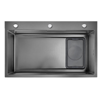 Évier de cuisine moderne noir à un seul bac en acier inoxydable 304, fait main, multifonctionnel, à trois trous, pour comptoir