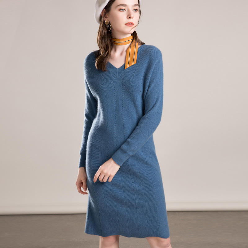 Fashion Office Cashmere Sweater Dress Women Lady V Neck Korean Style  Knitted Dress for Winter
