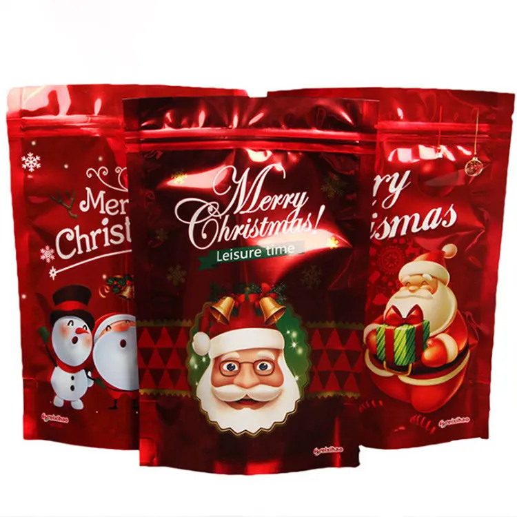 Reusable Zip Lock Zipper Waterproof Gift Food Candy Shopping Stand Up Pouch Custom Christmas Packaging Plastic Bags