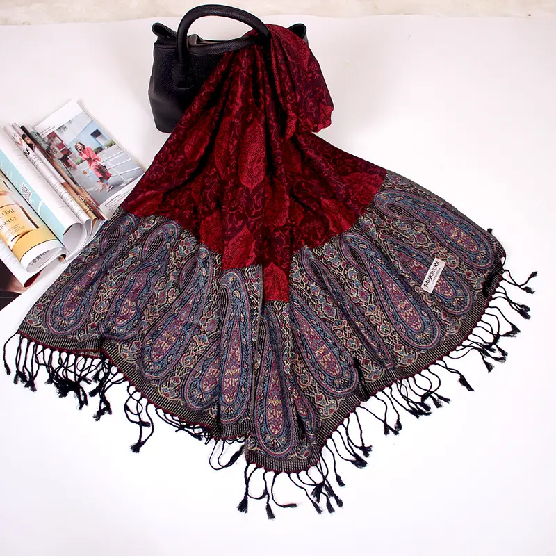 Bufanda de Jacquard de anacardo personalizada para mujer, Pashminas y bufandas baratas de China, 2023