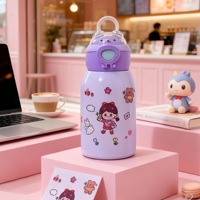 HECION Tasse isotherme portable en acier inoxydable à double paroi sous vide, avec paille et poignée, motif dessin animé mignon, pour l'extérieur