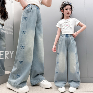 Nouveau <span class=keywords><strong>Jean</strong></span> en Denim Ample et Droit pour Filles, Pantalon <span class=keywords><strong>Large</strong></span> Brodé avec Nœud pour Enfants, Décontracté et Long, Collection Printemps-Automne - Product Image 1