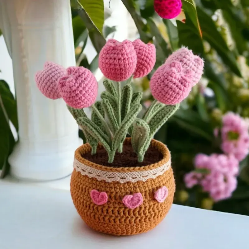 Produk selesai Pot bunga Crochet bunga Crochet dalam Pot bunga rajutan bunga matahari Tulip Pot Crochet Pot tanaman