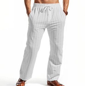 กางเกงผ้าลินินสำหรับฤดูร้อน กางเกงชายหาด มีเชือกผูก ลายทางแนวตั้ง กางเกงลำลองทรงตรง ระบายอากาศได้ดี กางเกงผู้ชาย - Product Image 3