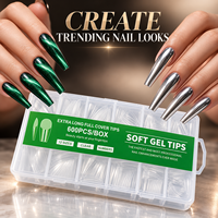 Ongles en gel souple transparents à couverture complète, forme cercueil longue, 600 pièces, 12 tailles, vente en gros pour salons de manucure et manucure DIY