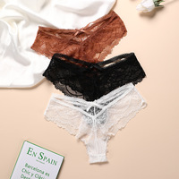 Celana dalam wanita renda bunga transparan elastis G-String Bikini celana Dalam mulus rendah 3 pilihan warna berongga polos dicelup