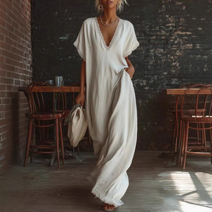 <span class=keywords><strong>Abito</strong></span> <span class=keywords><strong>Lungo</strong></span> Estivo 2026 di Tendenza in <span class=keywords><strong>Lino</strong></span> e Cotone, Modello Svasato con Scollo a V e Bordo in Pizzo, Elegante e Comodo, Stile Casual Europeo e Americano - Product Image 3