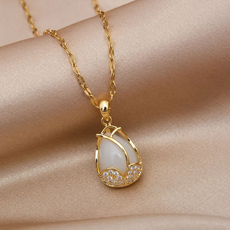 Kalung liontin Opal untuk wanita modis perhiasan baja tahan karat kalung Tulip desain mewah berlapis emas gaya Korea elegan