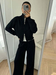 Geniş bacak katı balıkçı yaka tam uzunlukta 2 parça Set kadın gündelik spor giyim bluz tarzı çift Zip kısa takım elbise - Product Image 4