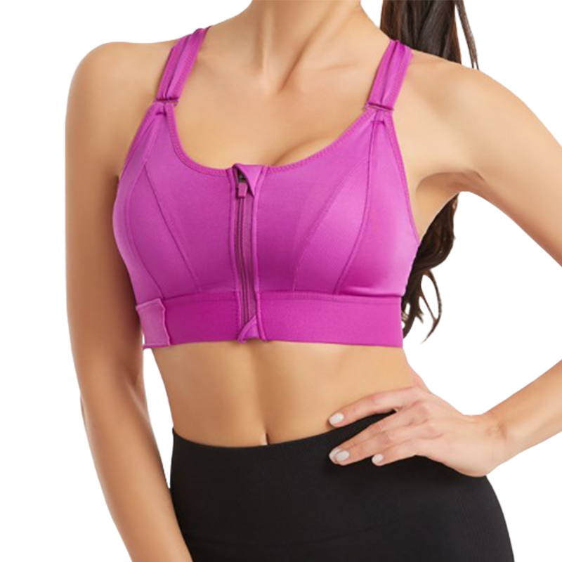 Hot Plus Size Wire Free Women's Fitness Yoga Bra with Zipper Breathable Cross Back Training Push-up Top Sports Bra