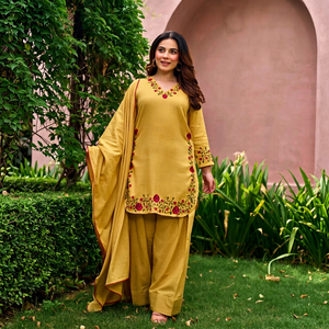 Women's Mustard Yellow Cotton <b>Kurta</b> Set With Red Floral Embroidery Loose Fit Traditional <b>Indian</b> Pakistani Style Casual Wear - Product Image 1