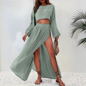 Conjunto Casual de Lino para Mujer Verano 2026: Top Corto <span class=keywords><strong>con</strong></span> Cuello Barco y <span class=keywords><strong>Falda</strong></span> Maxi de Cintura Alta <span class=keywords><strong>con</strong></span> Abertura y Mangas Largas Acampanadas - Product Image 2