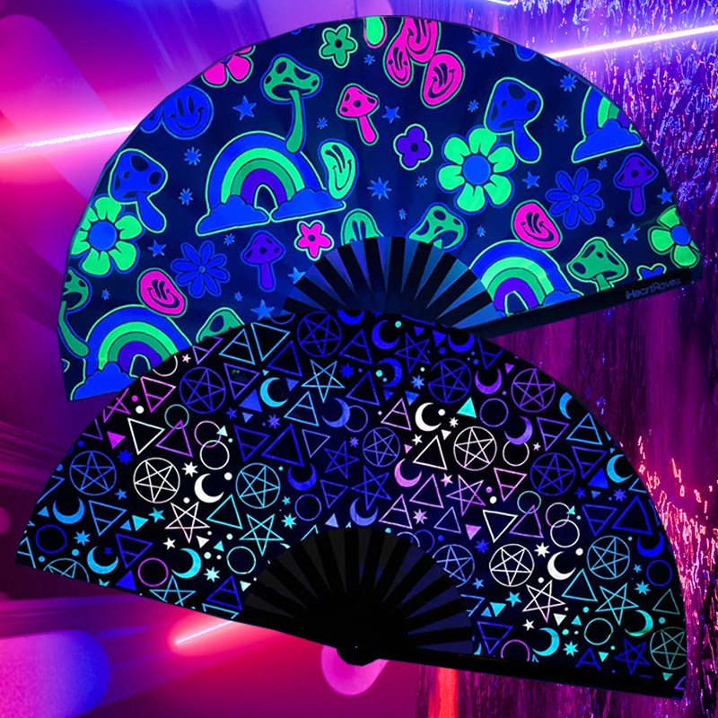 Large UV Glow Rave Fan - Foldable Popping Line Dance Fan For Festivals, Weddings, Performances (13 Inch Closed)