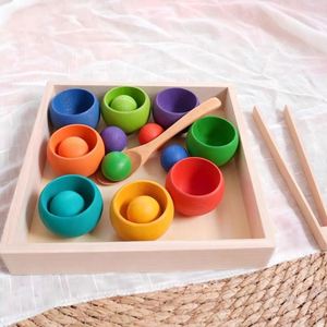 Montessori Solid Wood Color Matching Colorful Ball Bowl Sorting Trainer Rainbow Wooden Color Set Children's Room <b>Decoration</b> - Product Image 1