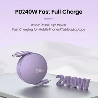 Kabel USB Type C Pengisian Cepat 240W 5A Portabel dan Dapat Ditarik, Bahan TPE untuk iPhone Android untuk OPPO