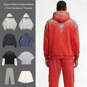 Conjunto de Moletom Masculino com Strass Desgastado 400GSM, Algodão Personalizado, Estilo Vintage Desbotado e Lavado, Streetwear Y2K, Moletom com Capuz e Calça de Moletom com Zíper - Product Image 3