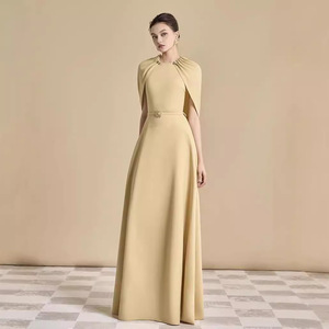 High Quality Fashion Solid Color <strong>Cape</strong> Khaki Women's <strong>Dresses</strong> Banquet Slim-fit Evening <strong>Dresses</strong>
