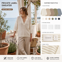 Pull en maille pointelle pour femme en mélange viscose PBT, col en V profond, manches 3/4, ajouré, coupe oversize et carrée, blanc, décontracté, printemps