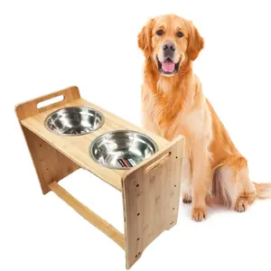 Eco Friendly Adjustable Raised Wooden Elevated Dog Bowls Comederos Para Perros Bamboo Pet Feeder Cat Bowl With Stand