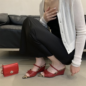 2025 Customized Factory Women's Elegant Pointed Toe <b>Red</b> Leopard Print Wedge High <b>Heel</b> Sandals Anti-Slip for Spring Season - Product Image 3