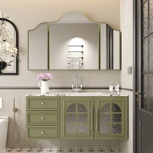 Conjunto de Muebles de Baño de Pared de Alta Gama en Madera de Caucho de Estilo <span class=keywords><strong>Retro</strong></span> Francés con <span class=keywords><strong>Lavabo</strong></span> de Piedra Sinterizada y Mueble Colgante - Product Image 3