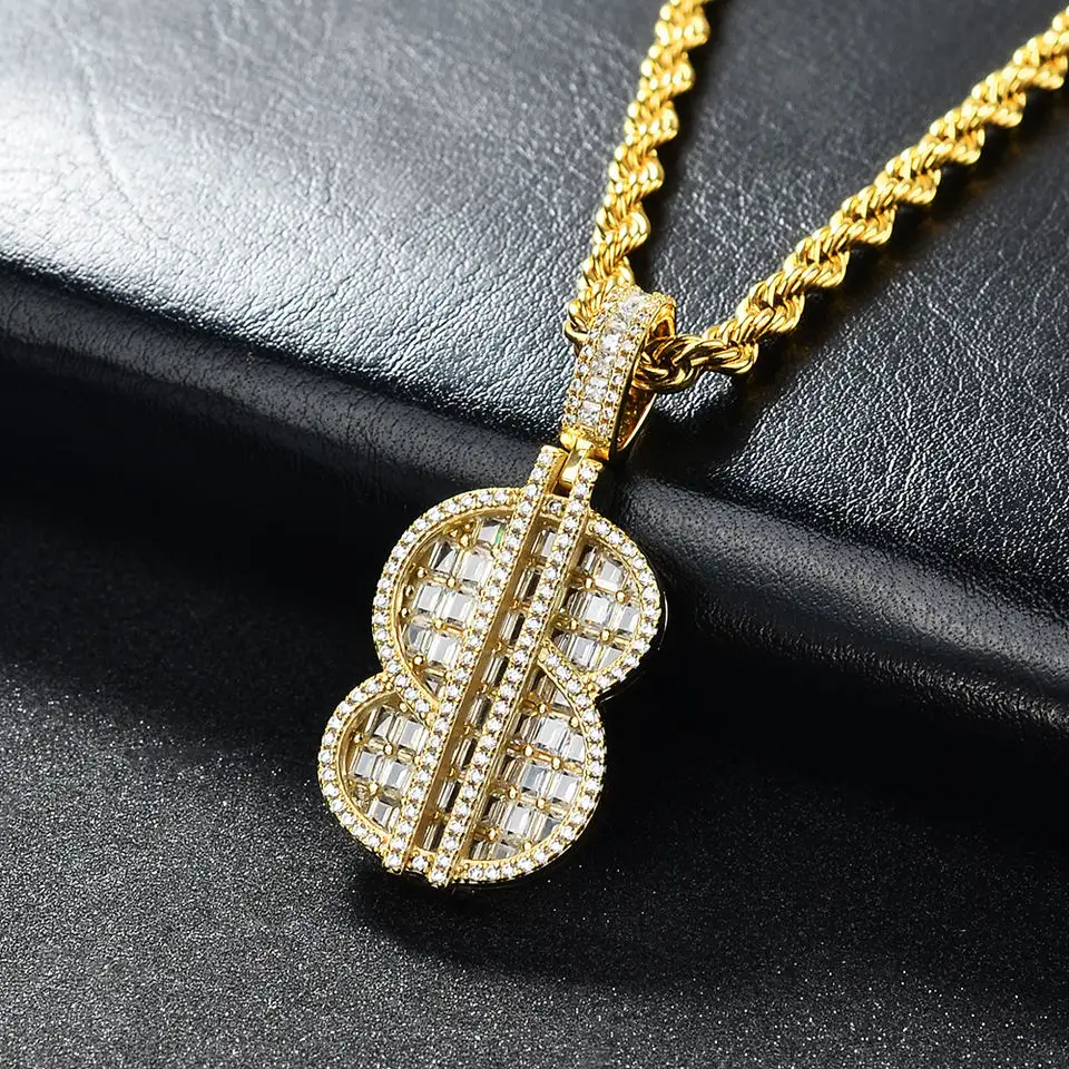 Hip Hop Ice Out Cz Perhiasan Kristal Berkilau Kalung Liontin Tanda Dolar Berlapis Emas 14K untuk Pria