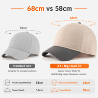 Casquette de baseball ethnique 5 panneaux XXL à logo personnalisé, 68 cm, coupe oversize, calotte profonde, 100 % coton sergé, beige et gris contrastant, unisexe