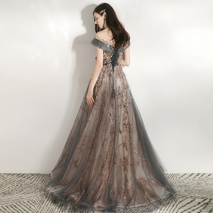 Off The Shoulder Evening Gown Gray Champagne Pink Mauve Ball Gown Floral Print 3D Stereoscopic Patterns Natural Waistline - Product Image 4