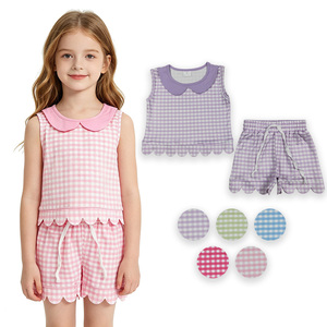 En Stock, Nueva Llegada, Conjuntos de Ropa a Cuadros para Bebés Niñas, Trajes de Verano con Volantes, Venta al por Mayor, Ropa de Fábrica para Bebés y Niños, Conjunto de Moda Boutique - Product Image 1