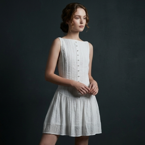 <b>White</b> Sleeveless A-Line Mini Dress O-Neck Button Front 100% Cotton Breathable Casual Summer Wear - Product Image 1