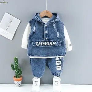 Conyson sıcak satış moda sonbahar erkek çocuk butik tasarımcılar denim bebek takım elbise toptan giyim pamuk kapüşonlu 3-piece giysi set