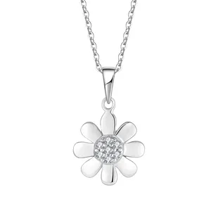 s925 Silver Flower Necklace Rhodium Plated White Zircons Snowflake Short Chain Necklace For kids