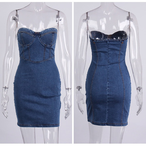 Abito in denim senza maniche con scollo a cuore, mini abito in <span class=keywords><strong>jeans</strong></span> aderente con spalline sottili e corsetto per feste e discoteche da <span class=keywords><strong>donna</strong></span> - Product Image 5