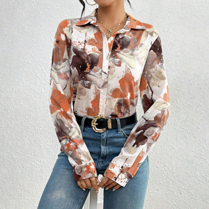 Thiết Kế Độc Đáo In Hoa Mở Phía Trước Áo Sơ Mi Văn Phòng Phụ Nữ Cổ Áo Thường Xuyên Phù Hợp Với Áo Sơ Mi Phụ Nữ Áo Cánh Áo Sơ Mi - Product Image 5