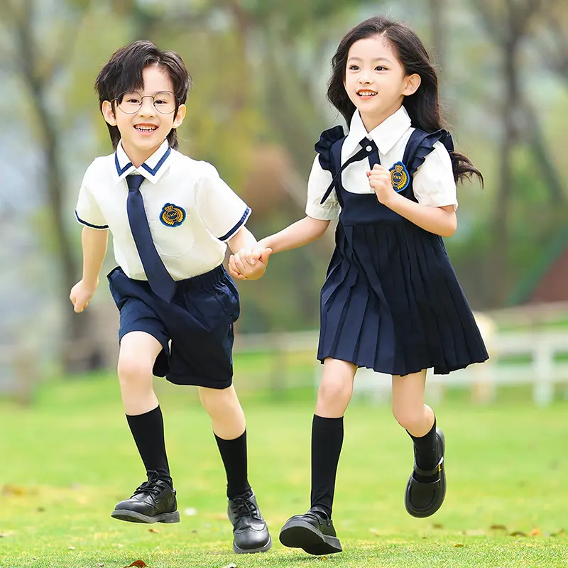 Летняя школьная форма с короткими рукавами, рубашка для мальчиков и шорты, платье для девочек, От 3 до 18 лет костюм, костюм в стиле преппи