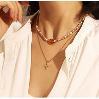 Luxueux Vintage pierre naturelle laiton perle cuivre ambre pendentif réglable collier concepteur bijoux de mode