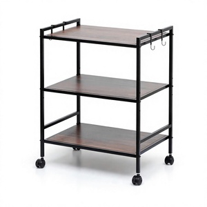 Chariot roulant à 3 niveaux avec roues, plateau en bois, structure métallique, chariot de service industriel pour hôtel, maison, bar - Product Image 1