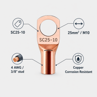 Cosse de câble en cuivre haute pureté SC25-10 25mm² 4 AWG, borne annulaire en cuivre nu, cosse tubulaire à sertir M10 pour applications automobiles et solaires DC