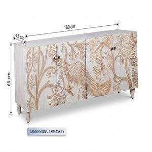 Buffet en bois sculpté à la main avec motif floral |   Console de rangement antique blanchie à la chaux |   Buffet de luxe pour salon et salle à manger - Product Image 4
