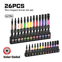 GEINXURN Obeng Ratchet Ganda Berkode Warna Ultra Kelas Industri 25mm/50mm Gagang Baja 26pcs Torx T7-T40 Ujung Magnetik