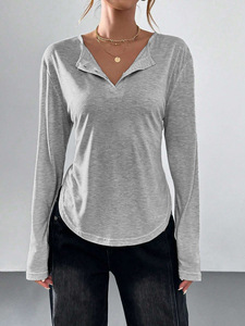 Camiseta Casual de Manga Larga para Mujer, Cuello en V, Dobladillo Curvo, Holgada, Básica, Venta al Por Mayor, Éxito de Ventas 2026 - Product Image 1