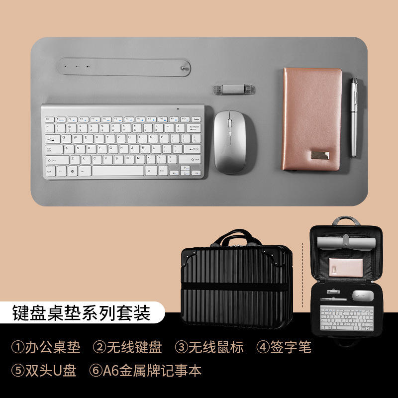 [คีย์บอร์ด, เมาส์, แฟลชไดรฟ์ USB, ปากกาทรงกลม, แผ่นรองเมาส์, สมุดโน้ต A6] ชุดเซ็ต 6 ชิ้น สีเงิน พร้อมกระเป๋าเดินทางสีดำขนาดใหญ่