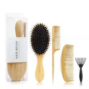 Eco amigable 4 piezas de <span class=keywords><strong>bambú</strong></span> Natural húmedo seco cepillo de masaje del cuero cabelludo peine cojín de cerdas de jabalí de Nylon desenredar el pelo de cepillo - Product Image 2